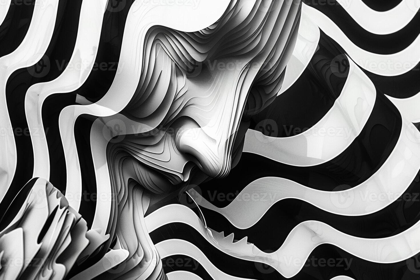 AI generated The image shows an abstract design of flowing, wavelike forms in black and white with a sense of movement and grace. geometric black and white forms flowing waves in background photo
