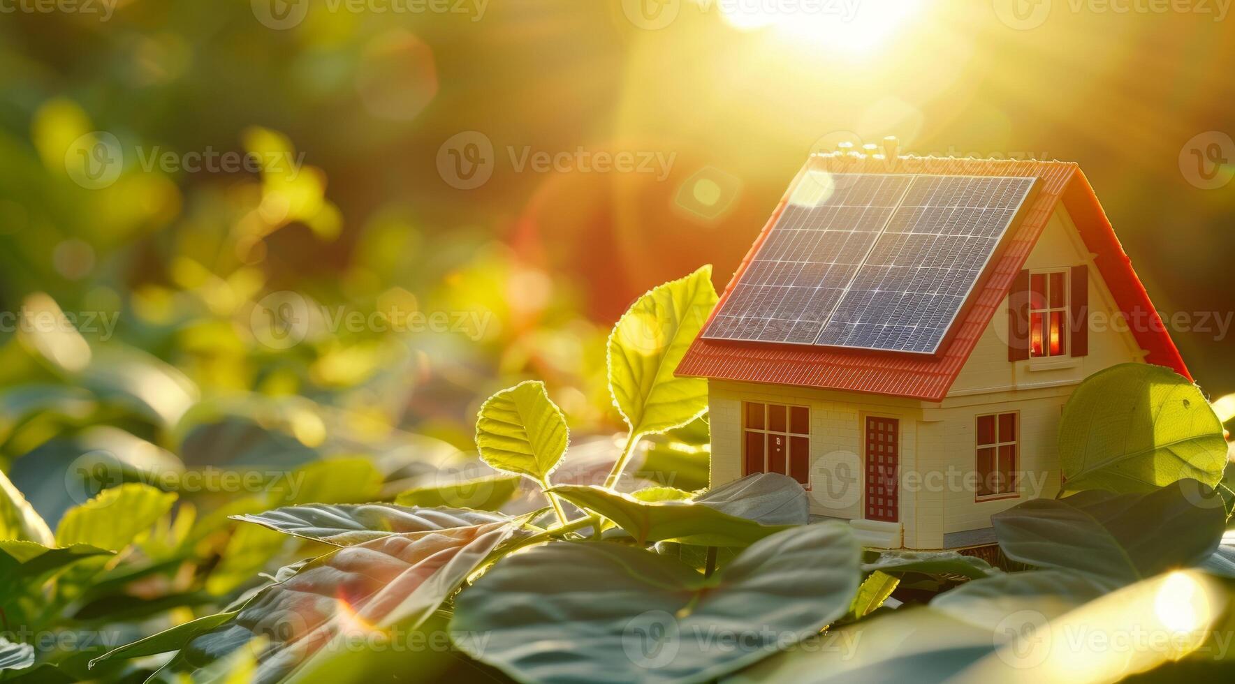 AI generated A model house with a green leaf on the roof is placed next to solar panels with a bright, sunlit background, symbolizing eco-friendly energy solutions for smart homes photo