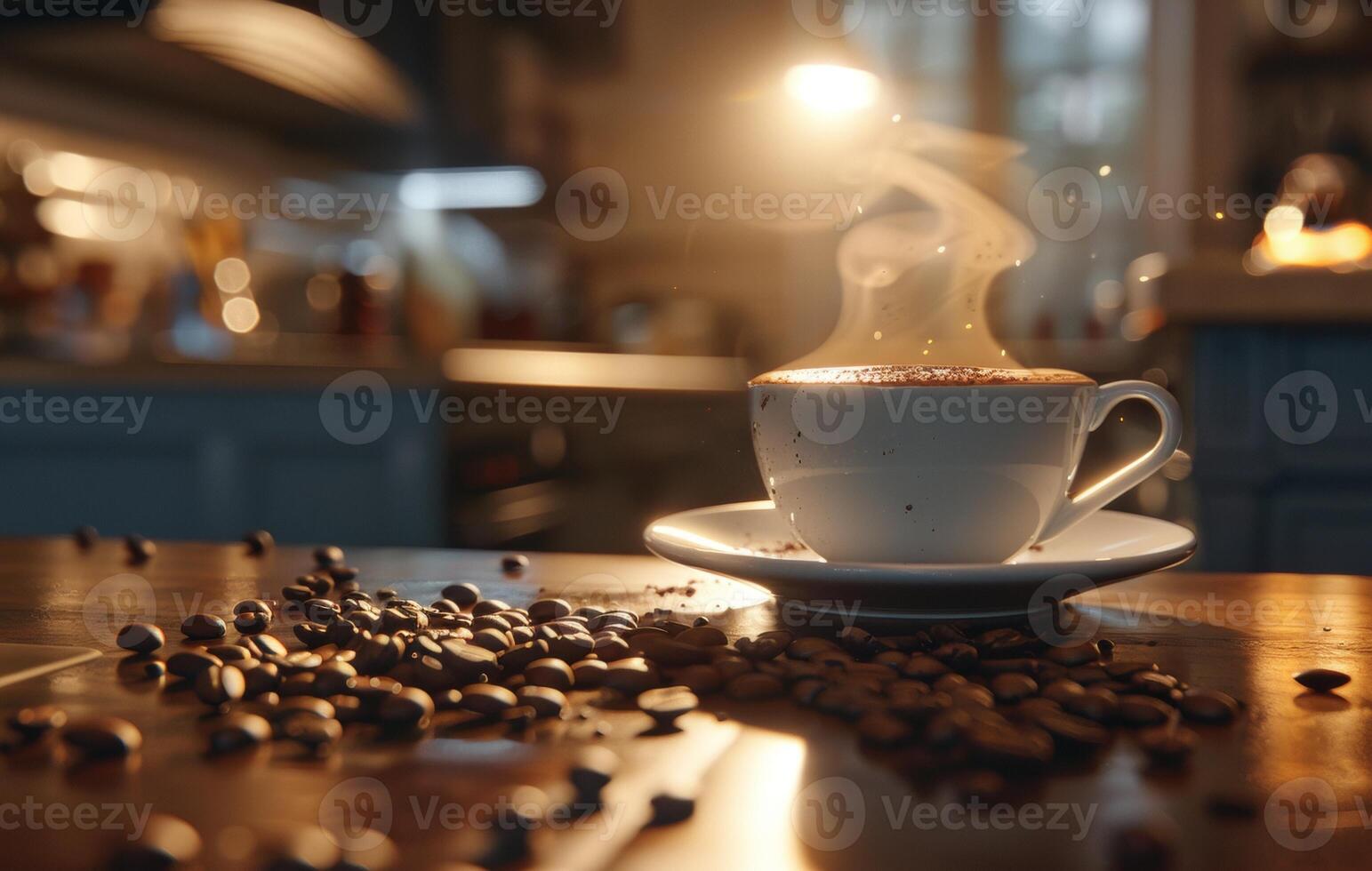 AI generated A steaming cup of coffee with latte art on a saucer decorated with coffee beans, on a rustic wooden table in a cozy kitchen setting photo