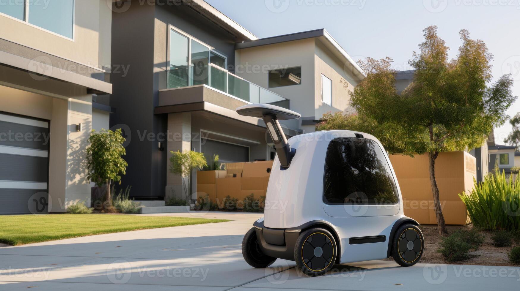 AI generated Autonomous electric delivery vehicle parked in front of a modern suburban home, the side door sliding open to reveal an array of parcels and grocery bags for contactless delivery photo