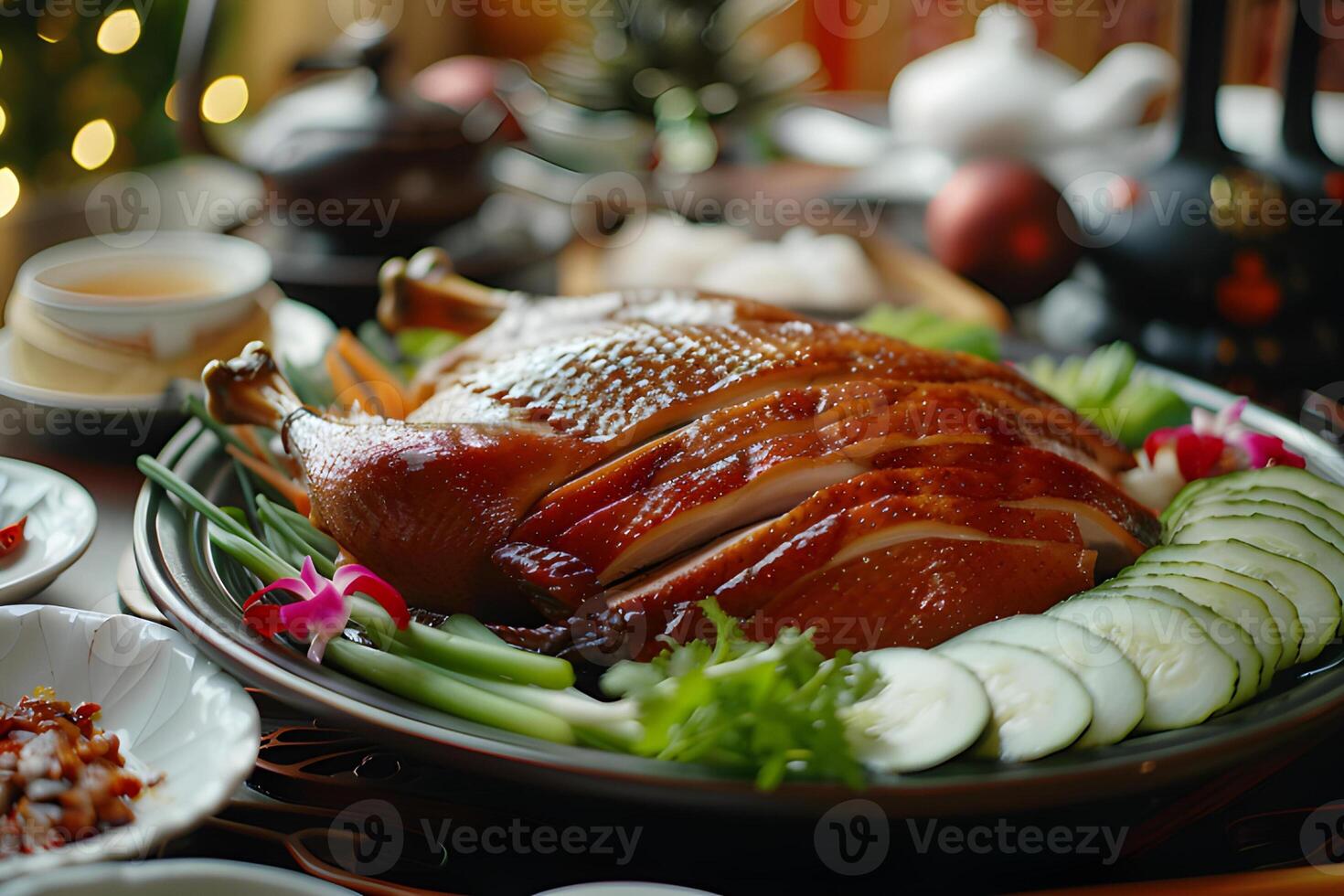 AI generated Peking duck served on a plate photo