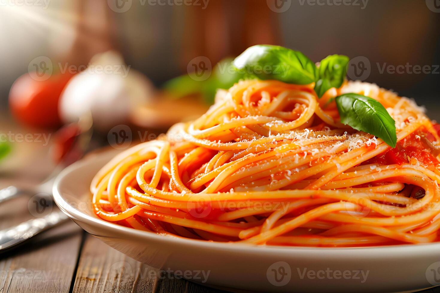 AI generated Spaghetti pasta with tomato sauce, mozzarella cheese and fresh basil in plate on wooden background photo