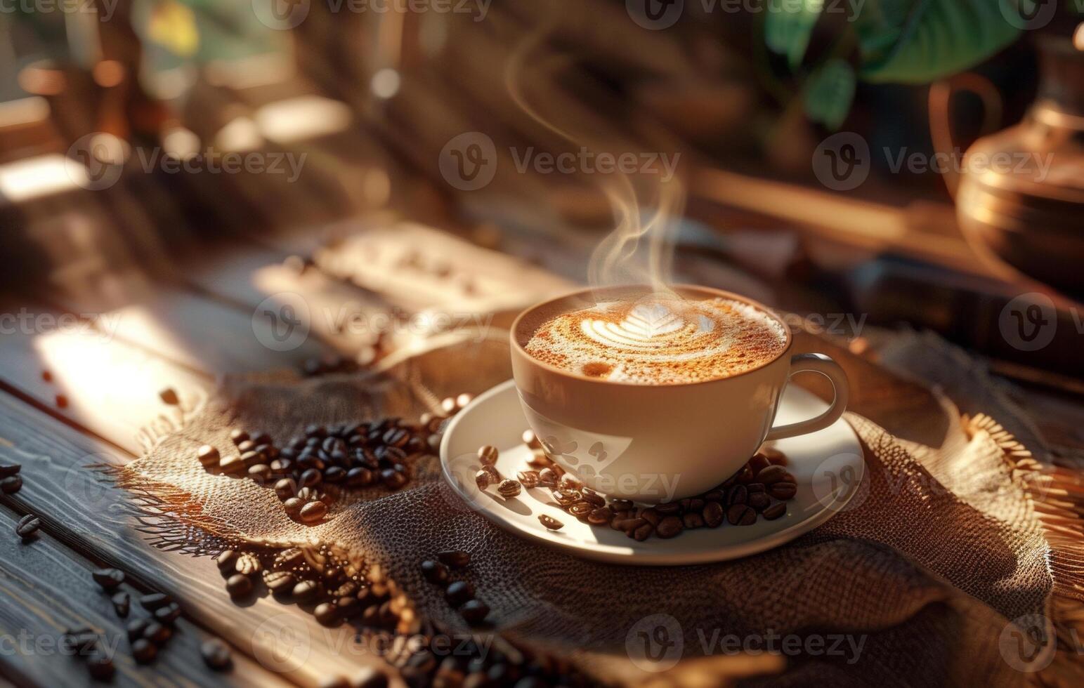 AI generated A steaming cup of coffee with latte art on a saucer decorated with coffee beans, on a rustic wooden table in a cozy kitchen setting photo