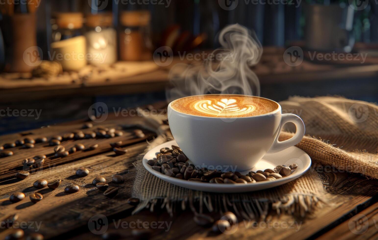 AI generated A steaming cup of coffee with latte art on a saucer decorated with coffee beans, on a rustic wooden table in a cozy kitchen setting photo
