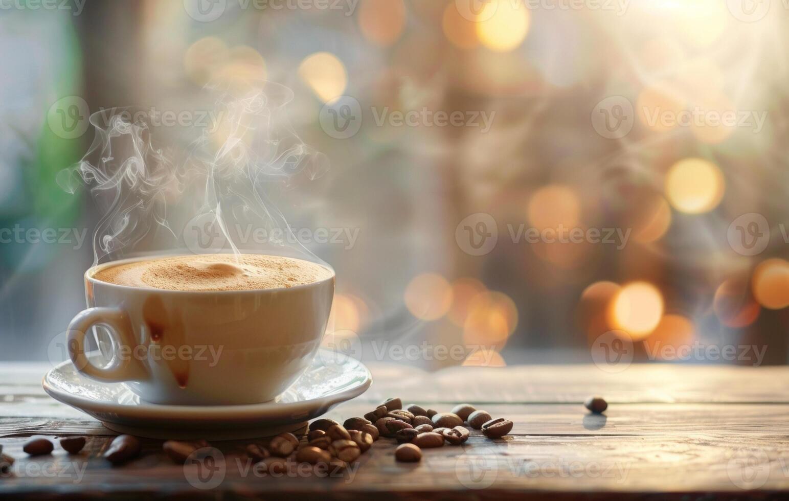 AI generated Steaming cup of coffee with artistic latte foam art on a rustic wooden table, coffee beans scattered alongside photo