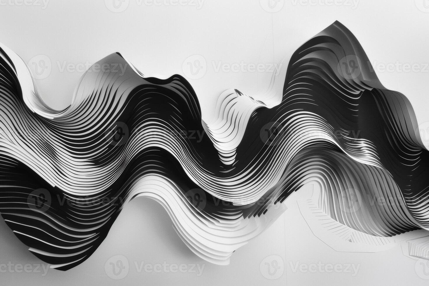 AI generated The image shows an abstract design of flowing, wavelike forms in black and white with a sense of movement and grace. geometric black and white forms flowing waves in background photo