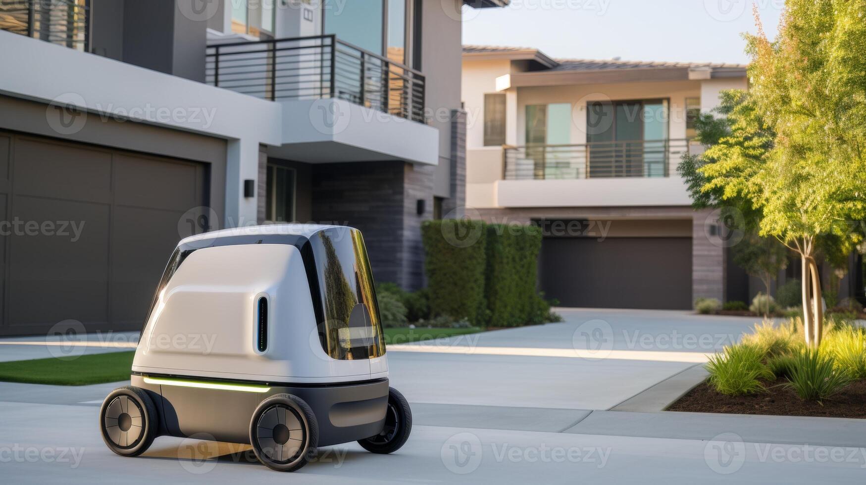 AI generated Autonomous electric delivery vehicle parked in front of a modern suburban home, the side door sliding open to reveal an array of parcels and grocery bags for contactless delivery photo
