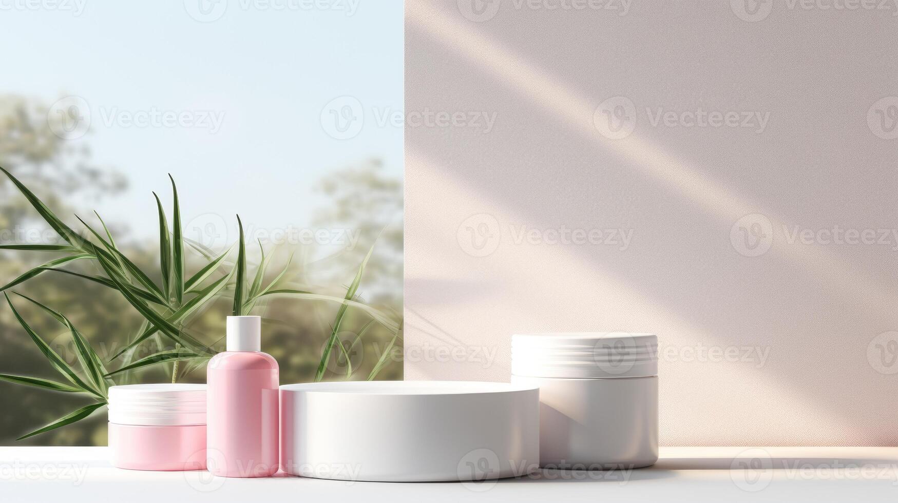 AI generated A serene cosmetic mockup with a pastel tone cream jar and lotion bottle, accompanied by delicate pink flowers, all bathed in soft light photo
