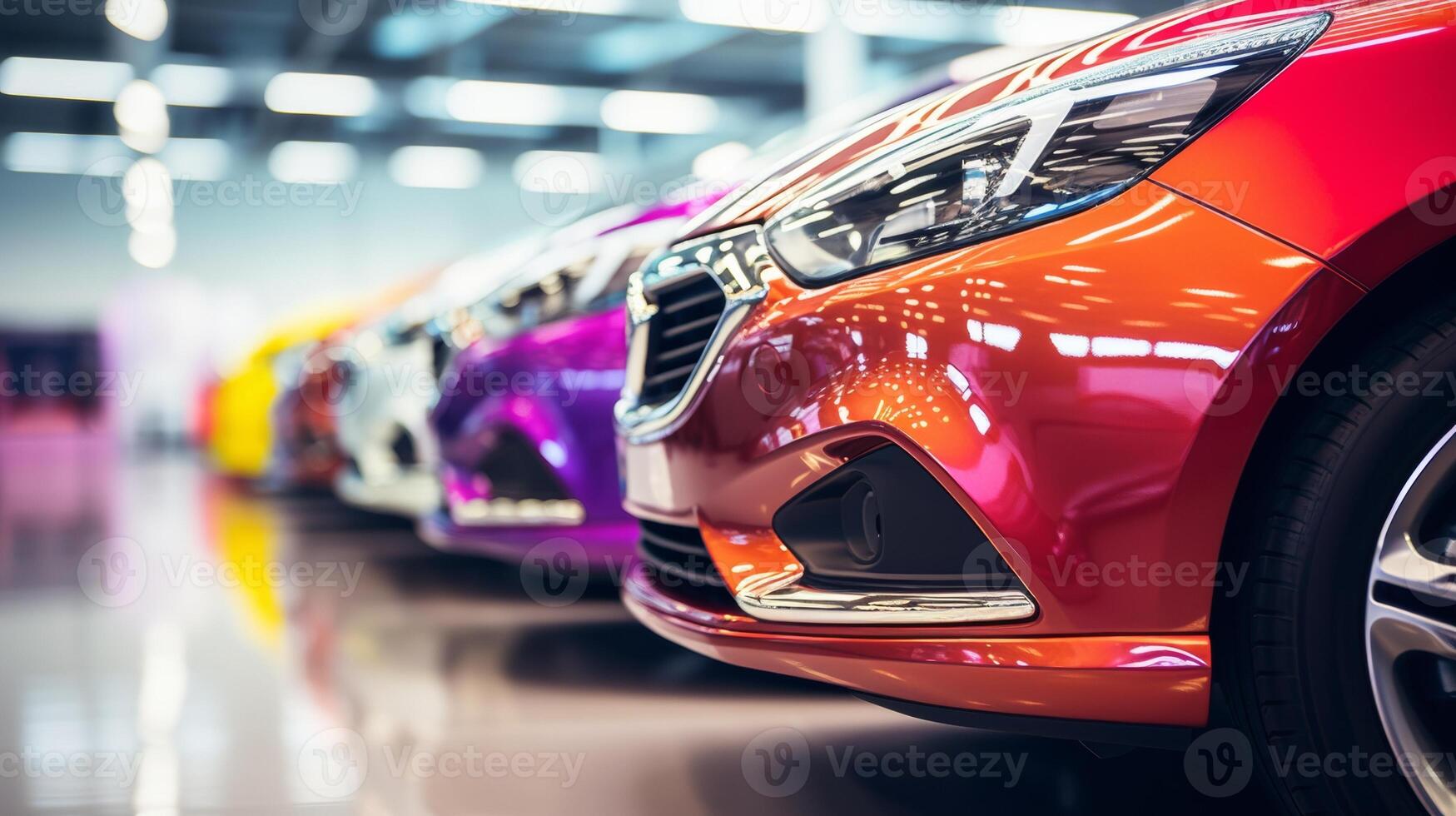 AI generated A close-up view of a shiny red car in a showroom with other vehicles in the background. The focus is on the front headlight and grille area photo