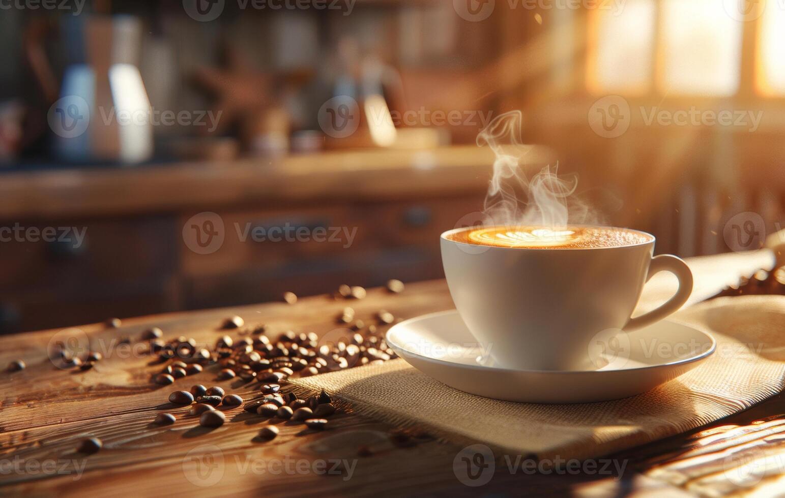 AI generated A steaming cup of coffee with latte art on a saucer decorated with coffee beans, on a rustic wooden table in a cozy kitchen setting photo