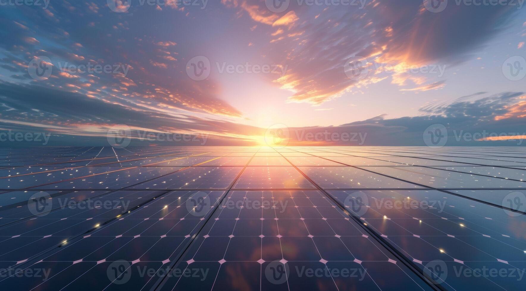 AI generated A vast solar panel array captures the golden rays of the setting sun, highlighting renewable energy potential photo