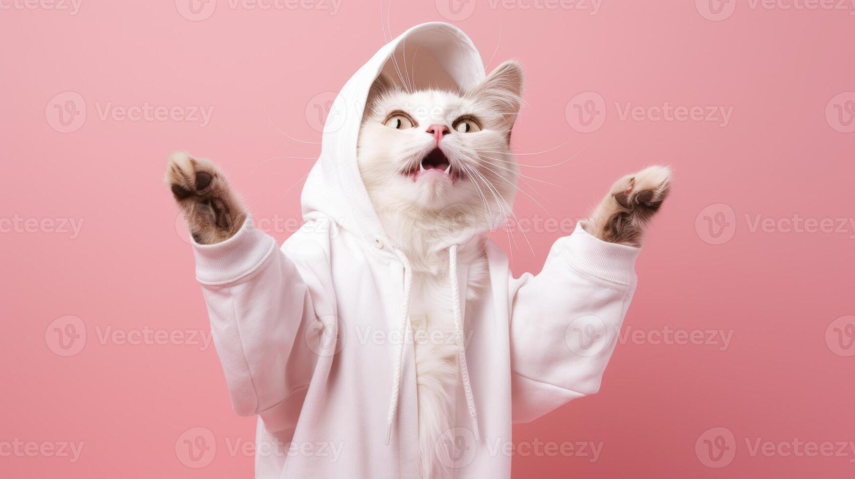 AI generated Fashion-forward cat in sunglasses and hoodie strikes a playful pose on a pink background, with ample space for your text photo