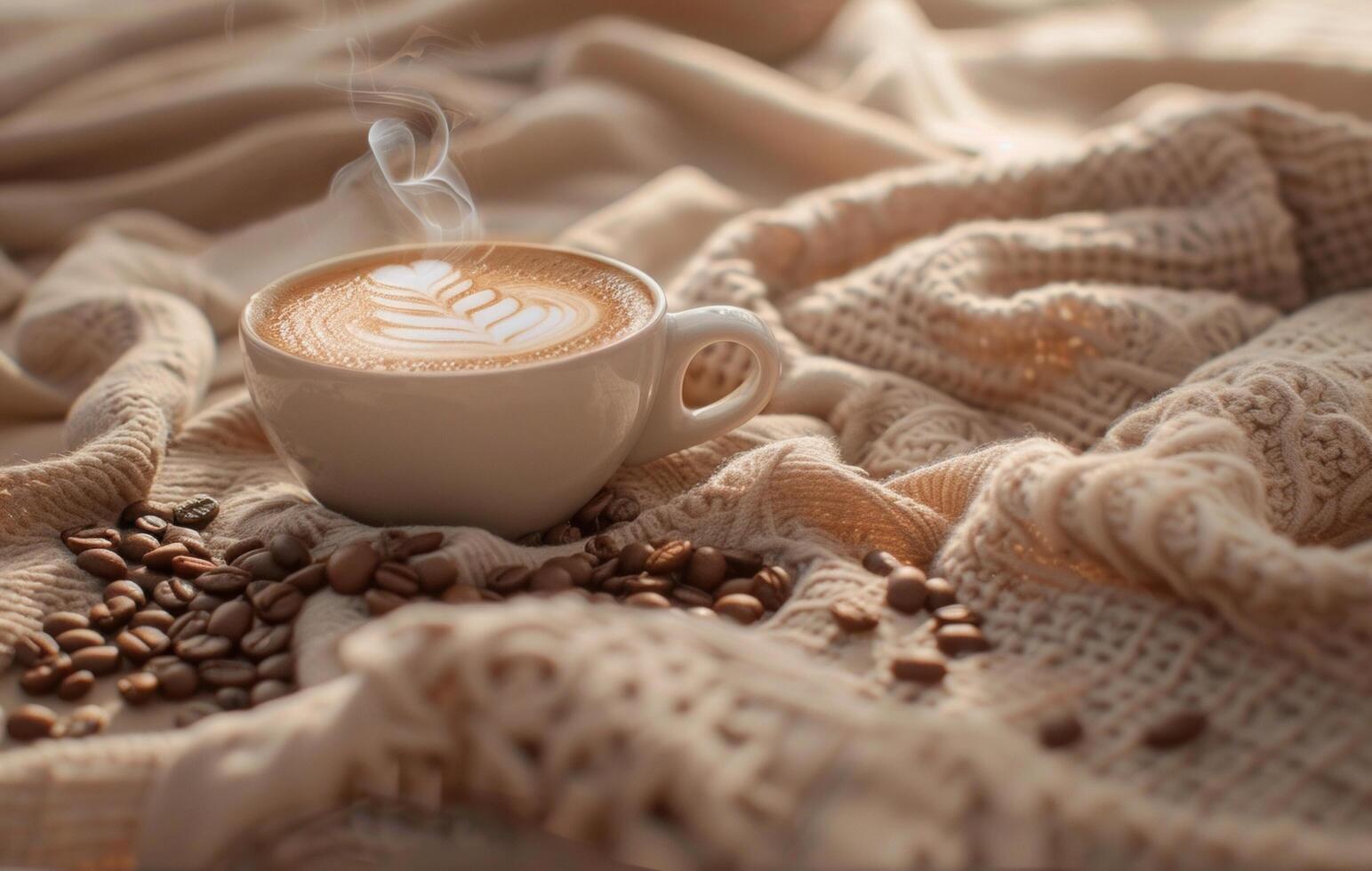 AI generated A warm and inviting cup of latte art on a saucer surrounded by coffee beans, exuding steam, set against a soft, textured backdrop photo