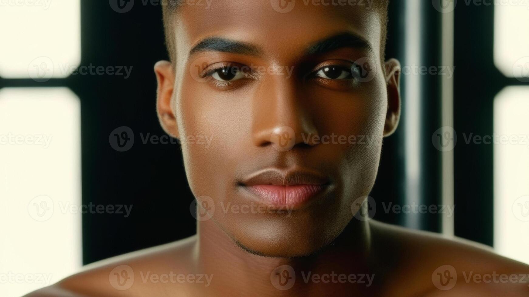 AI generated A young mans face in the foreground with two unbranded lipsticks in sharp focus a dark backdrop highlights the cosmetics photo