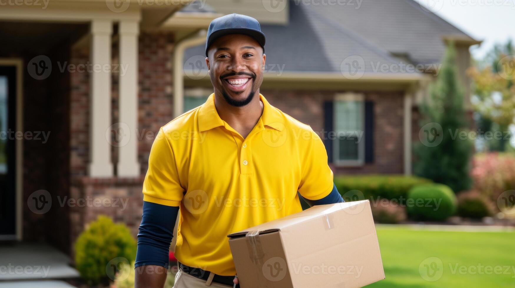 AI generated A cheerful delivery man in a yellow uniform with a cap smiles, holding a package, ready to make a doorstep delivery in a residential area photo