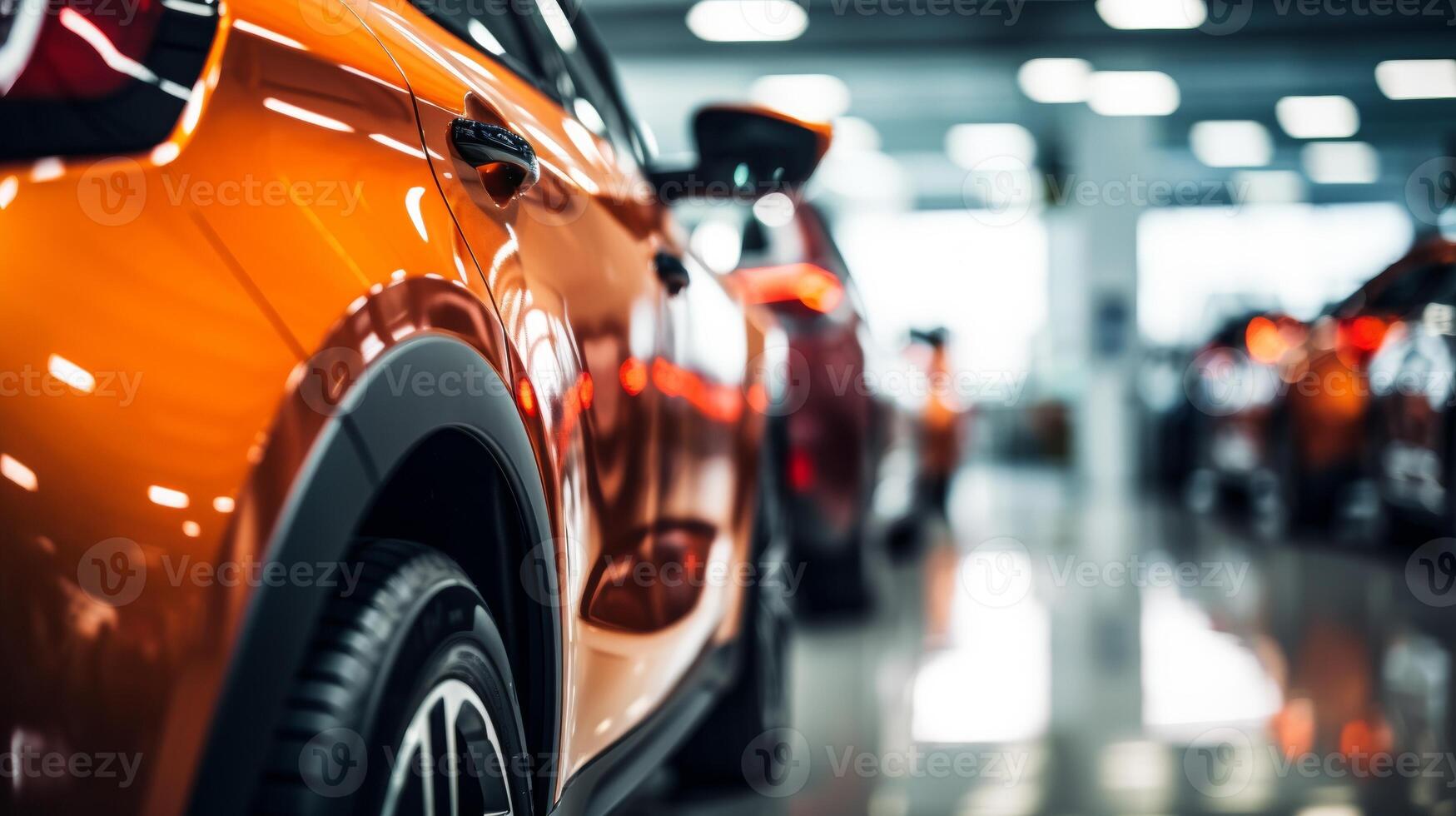 AI generated A close-up view of a shiny red car in a showroom with other vehicles in the background. The focus is on the front headlight and grille area photo