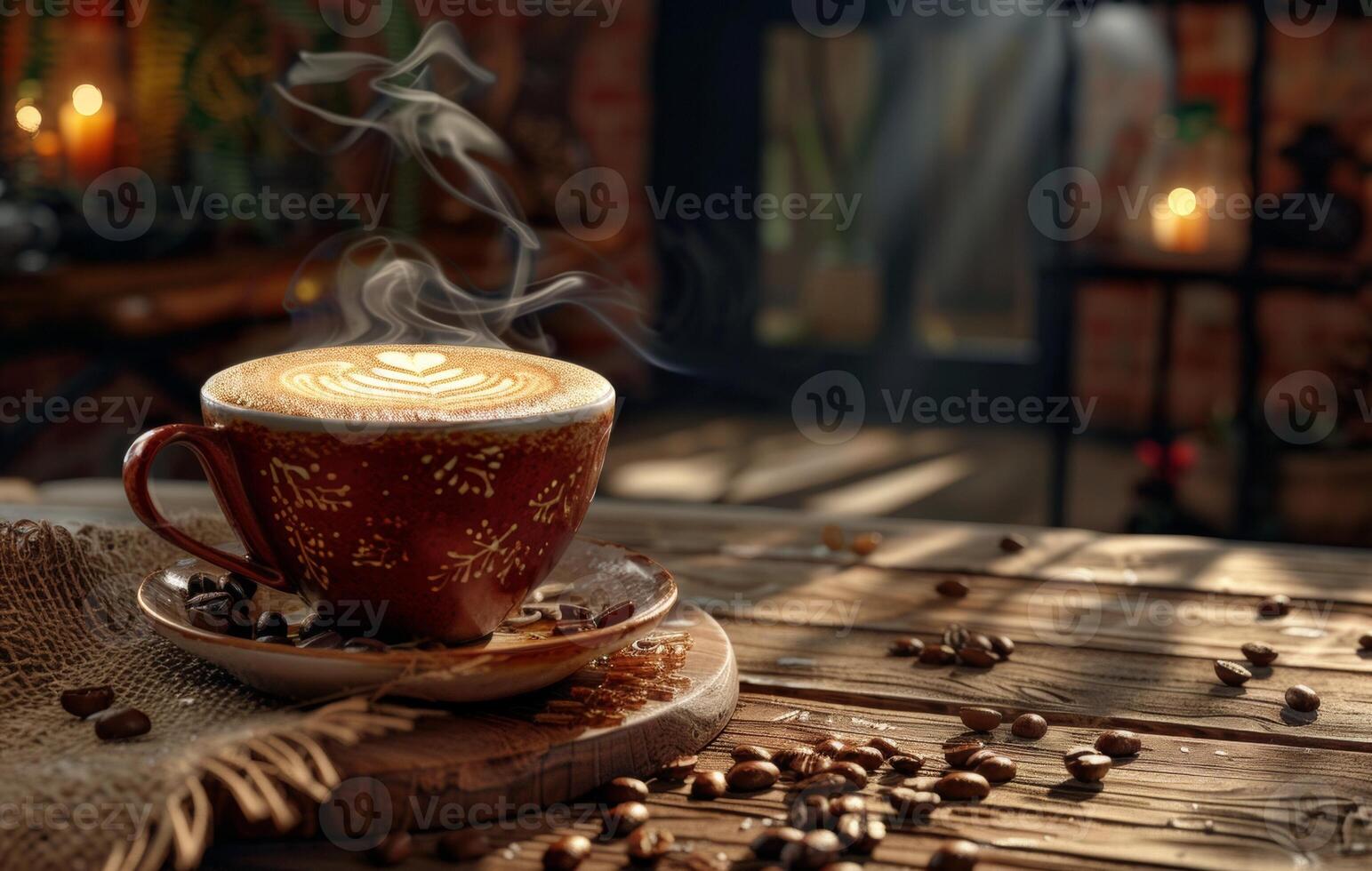 AI generated A steaming cup of coffee with latte art on a saucer decorated with coffee beans, on a rustic wooden table in a cozy kitchen setting photo