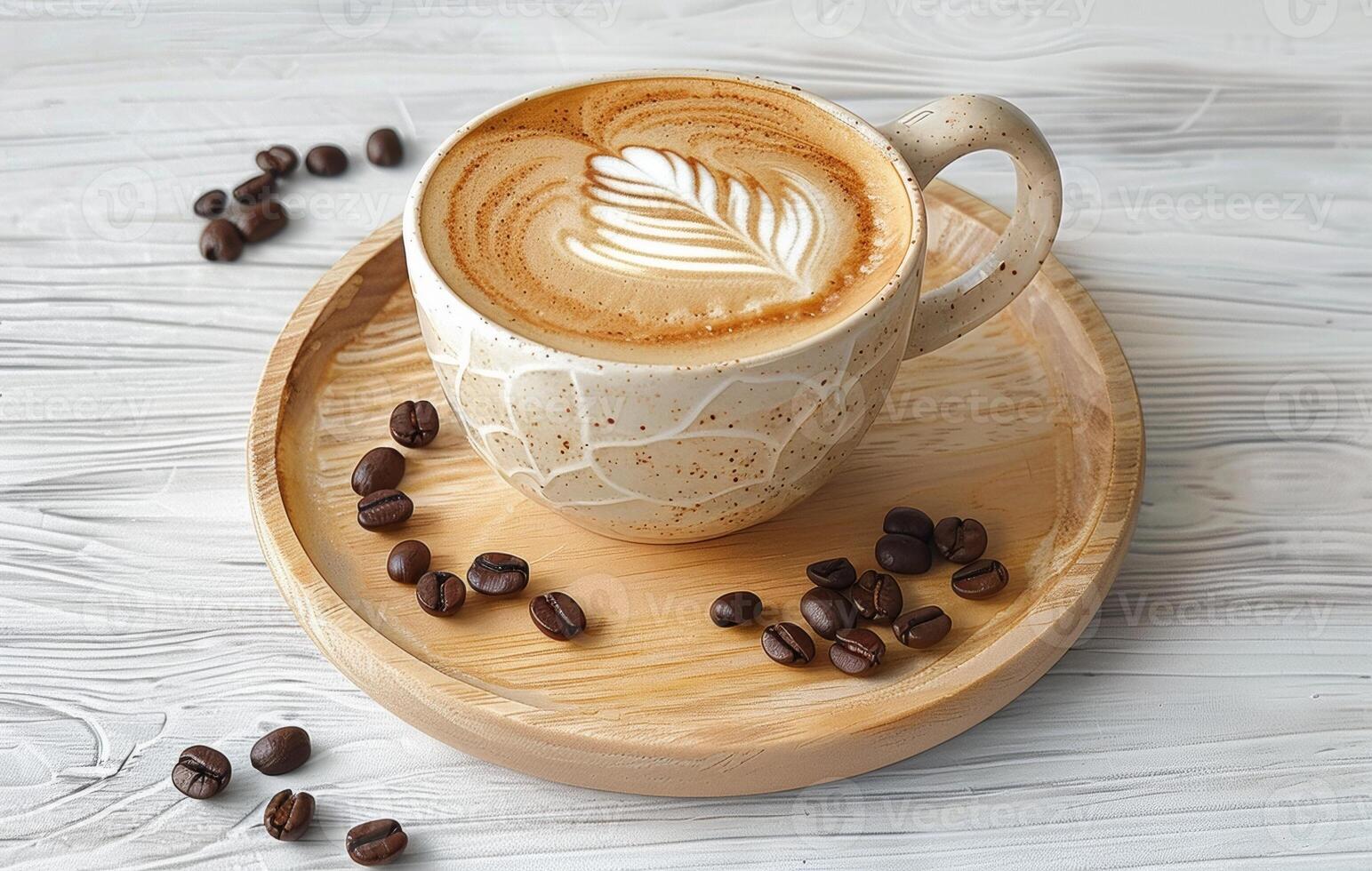 AI generated A top-down view of a cup of latte with artistic foam, surrounded by coffee beans on a wooden tray and white textured surface photo