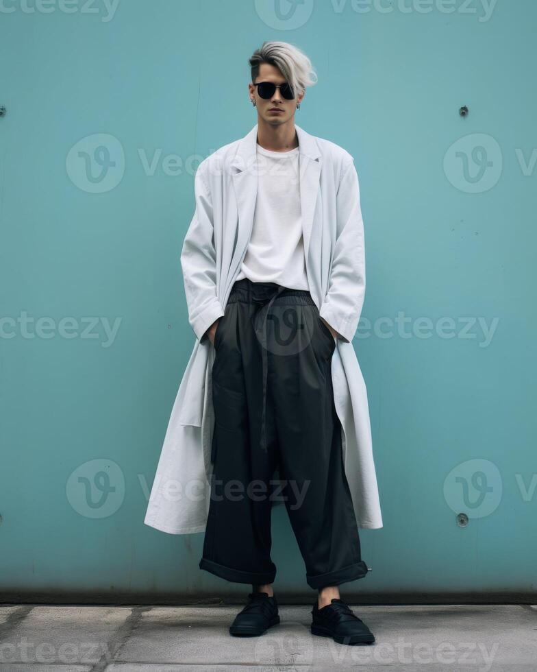 AI generated Man Standing in Front of Blue Wall photo
