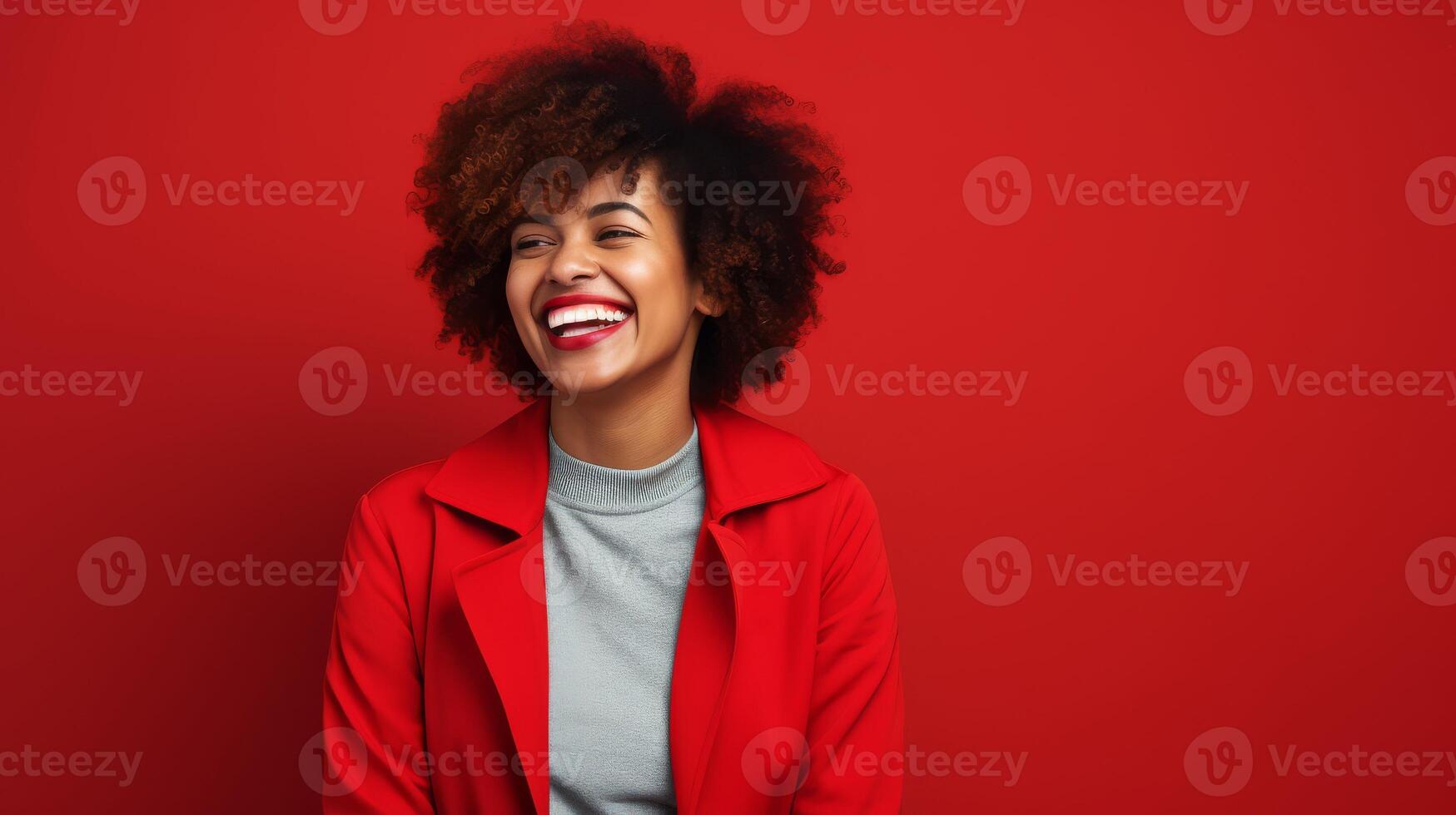 AI generated Smiling Woman in Red Jacket photo