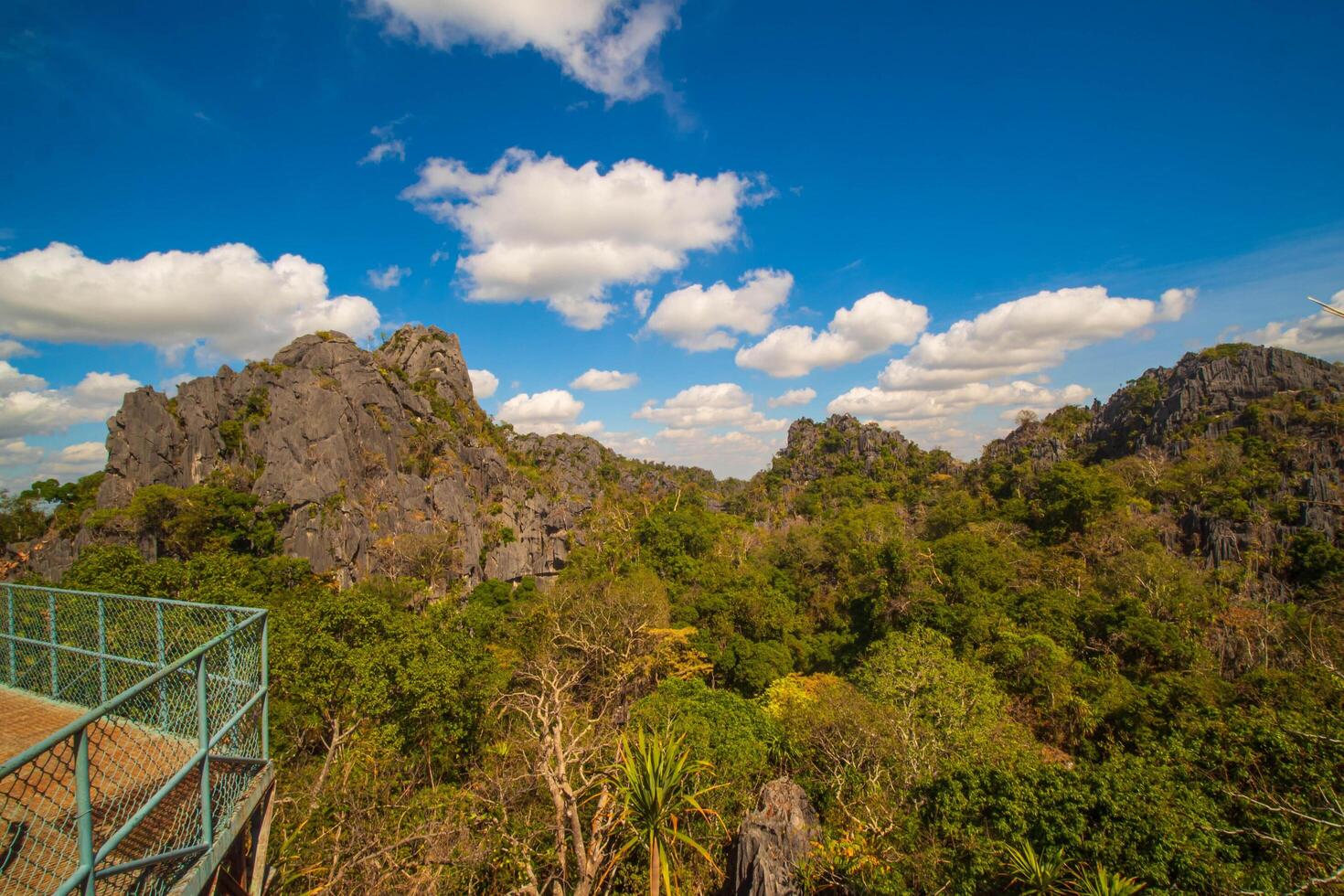 Aerial panorama of Thailand's National Park, there is a well-known tourist destination with views of the forest and limestone mountain. photo