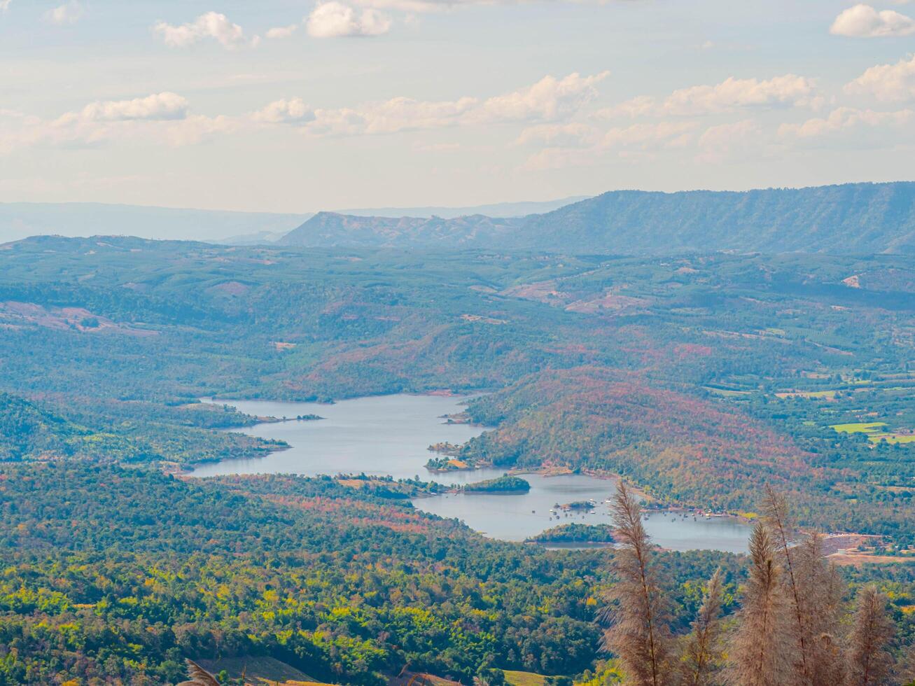 el maravilloso ver en bosque parque desde un del turista punto de vista con antecedentes de dorado cielo, pantanos y montañas, selva, tailandia aves ojo vista. aéreo vista. foto