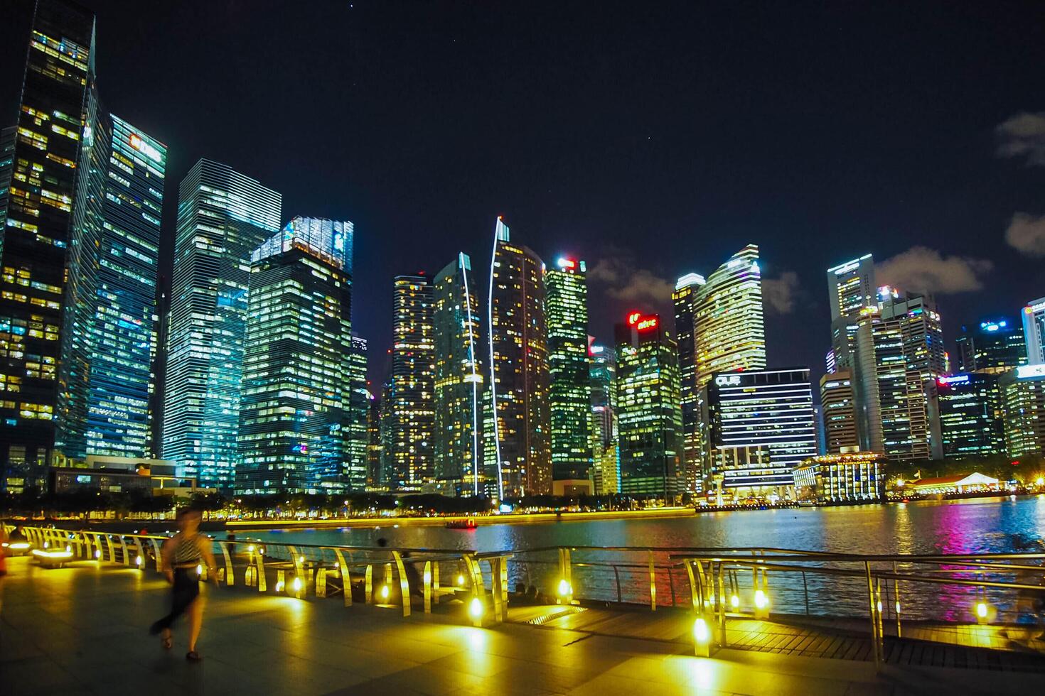 Singapore's Marina Bay nighttime skyline featuring the Marina Bay sands. photo