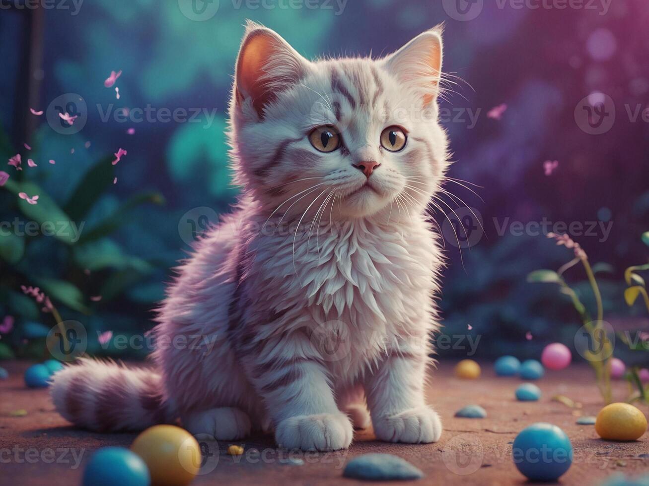 AI generated a kitten sitting on the ground surrounded by colorful balls photo