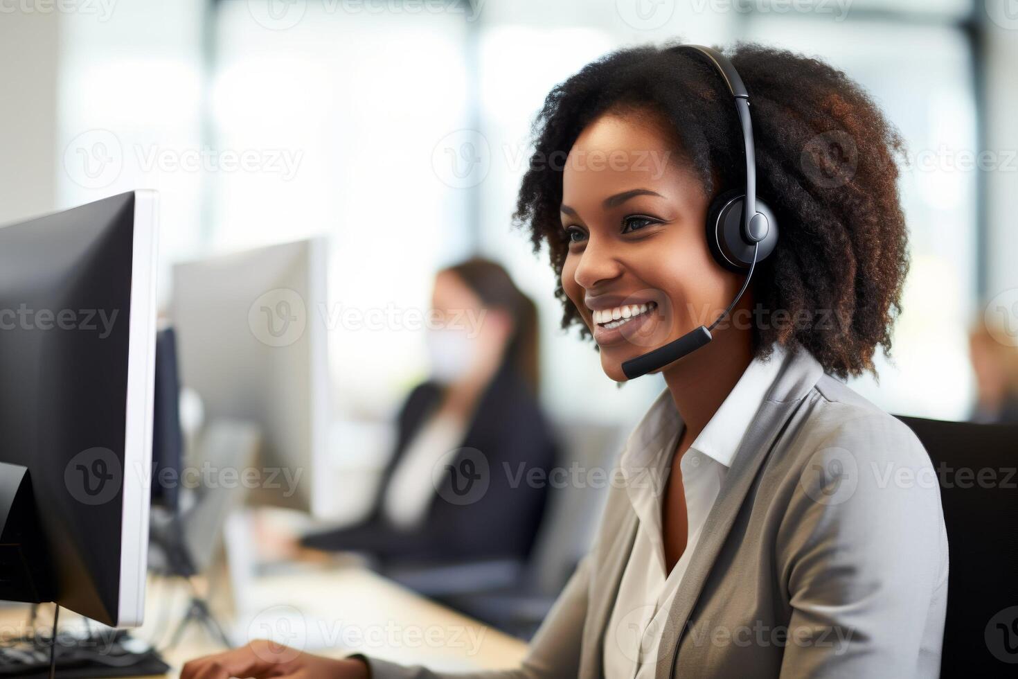 AI generated Woman Wearing Headset Working on Computer photo
