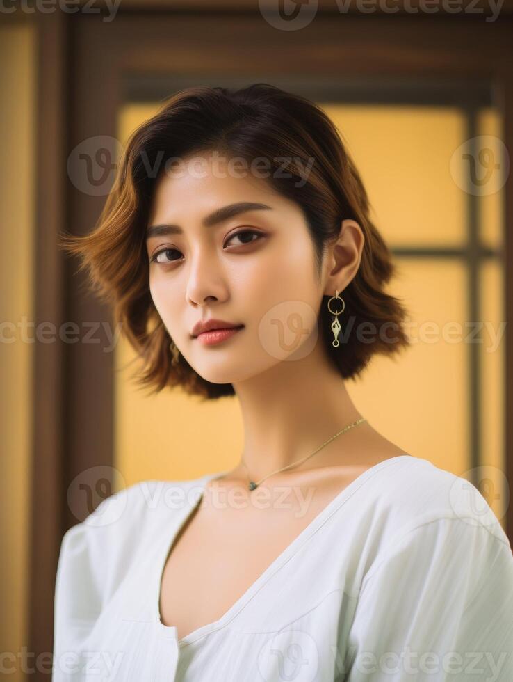 AI generated Woman With Short Hair in White Top photo