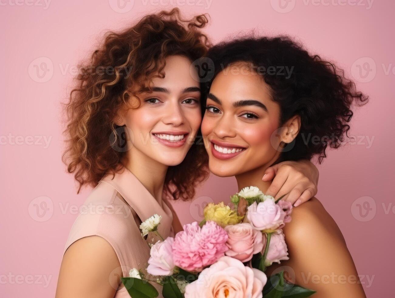 AI generated Two Women Hugging and Holding Bouquet of Flowers photo