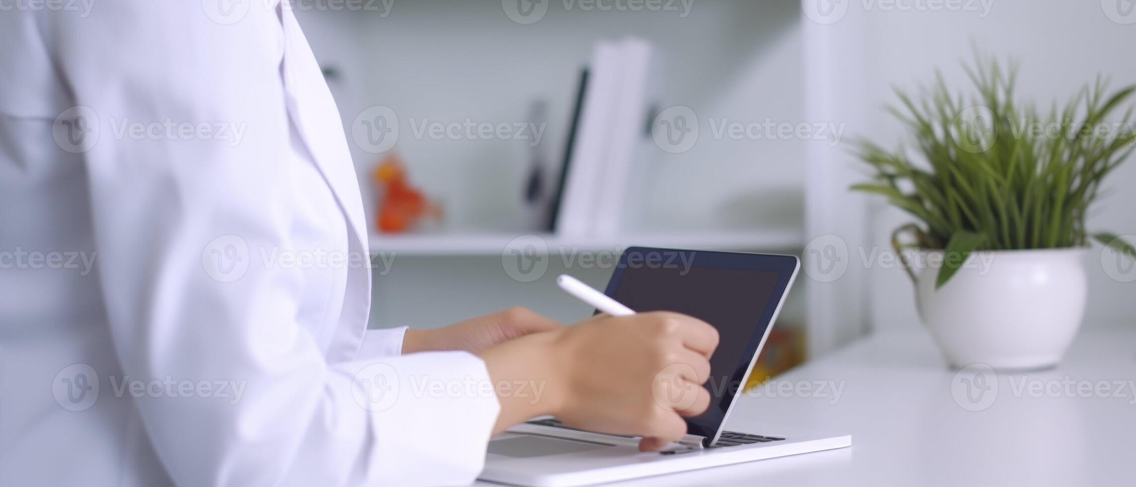 AI generated Scientist in White Lab Coat Typing on Laptop photo