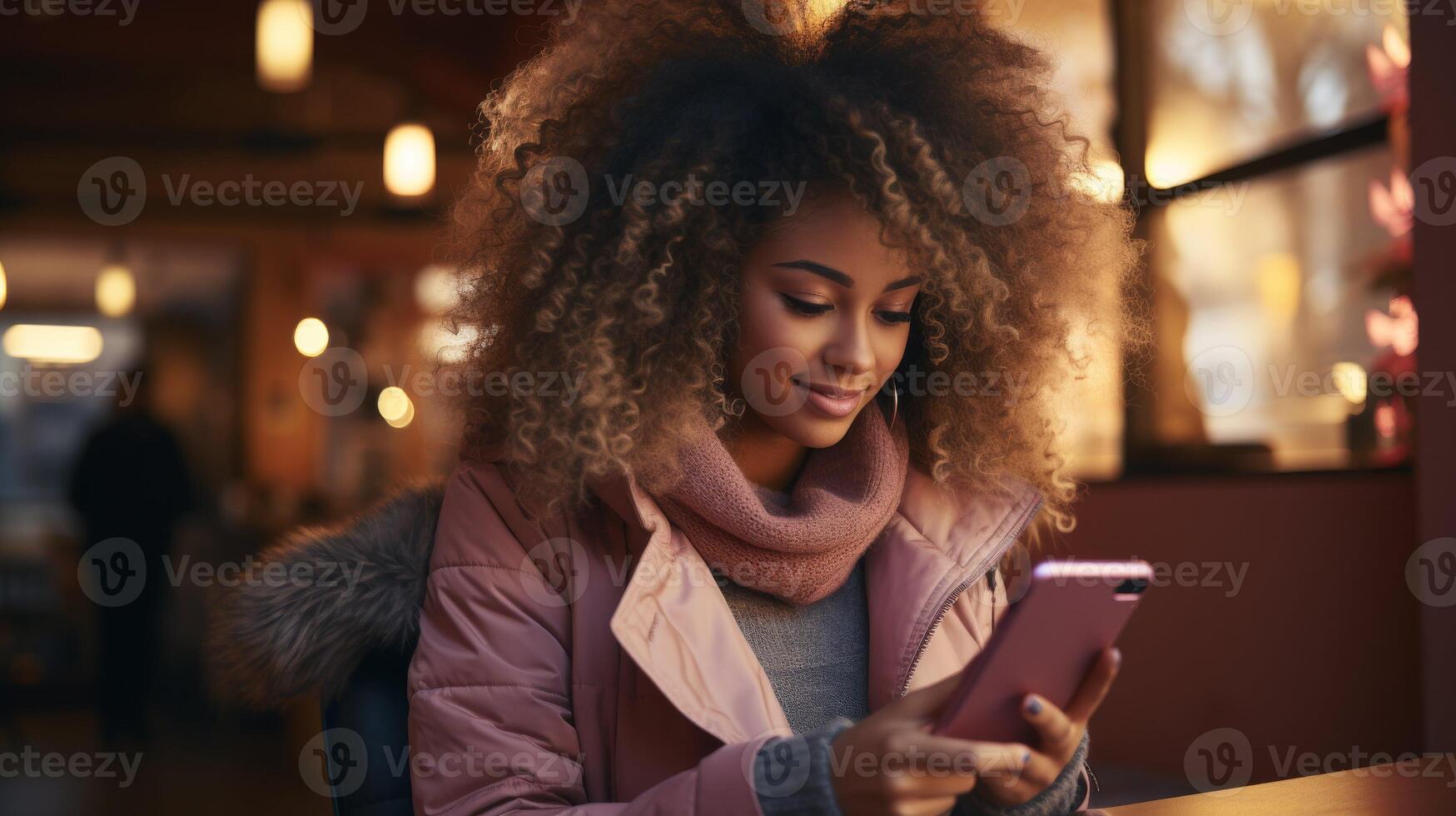 AI generated Woman Using Cell Phone at Table photo