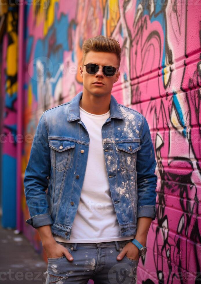 AI generated Man Standing in Front of Graffiti-Covered Wall photo