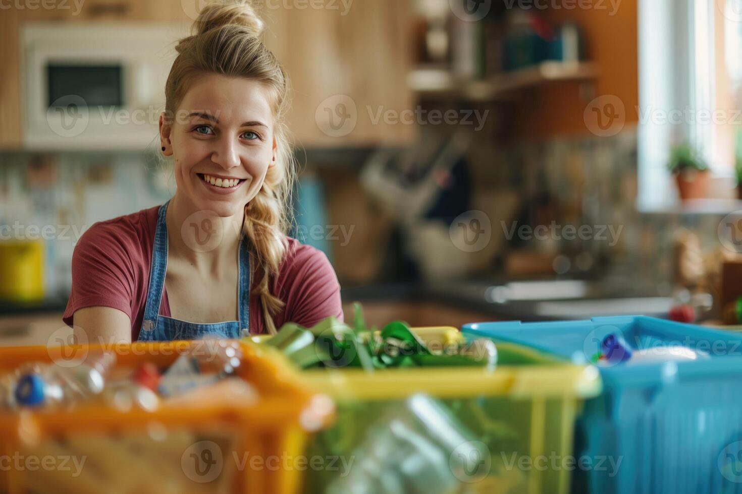 AI generated woman sorting waste. Sorting garbage. rubbish recycling. conscious lifestyle, social responsibility photo