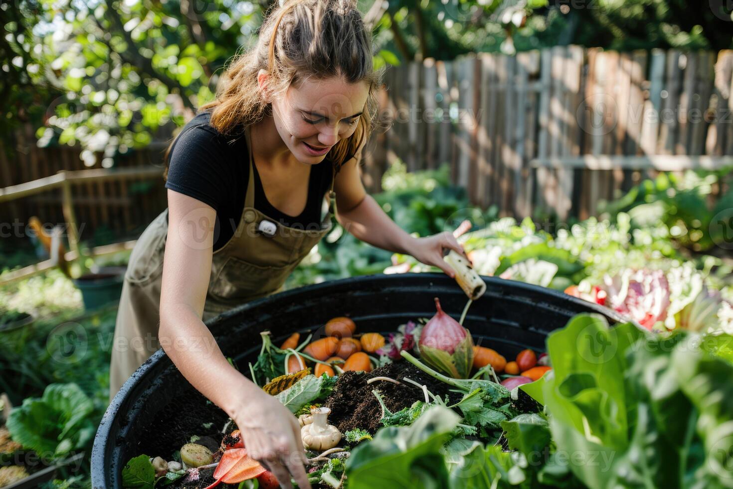 AI generated Composting kitchen vegetable scraps food waste for recycling, environmentally responsible compost photo