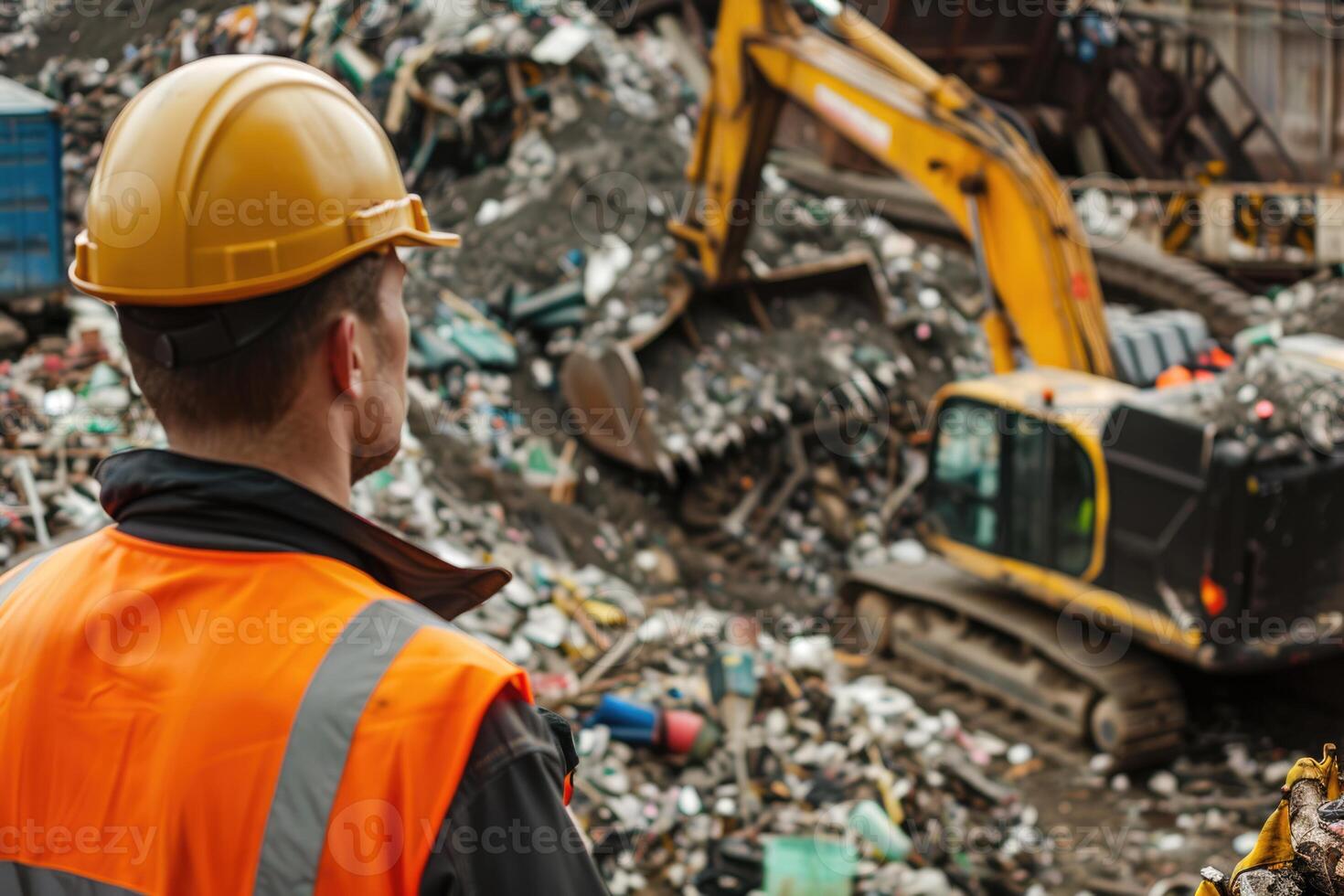 AI generated worker looking at an excavator unloading garbage at waste sorting plant photo