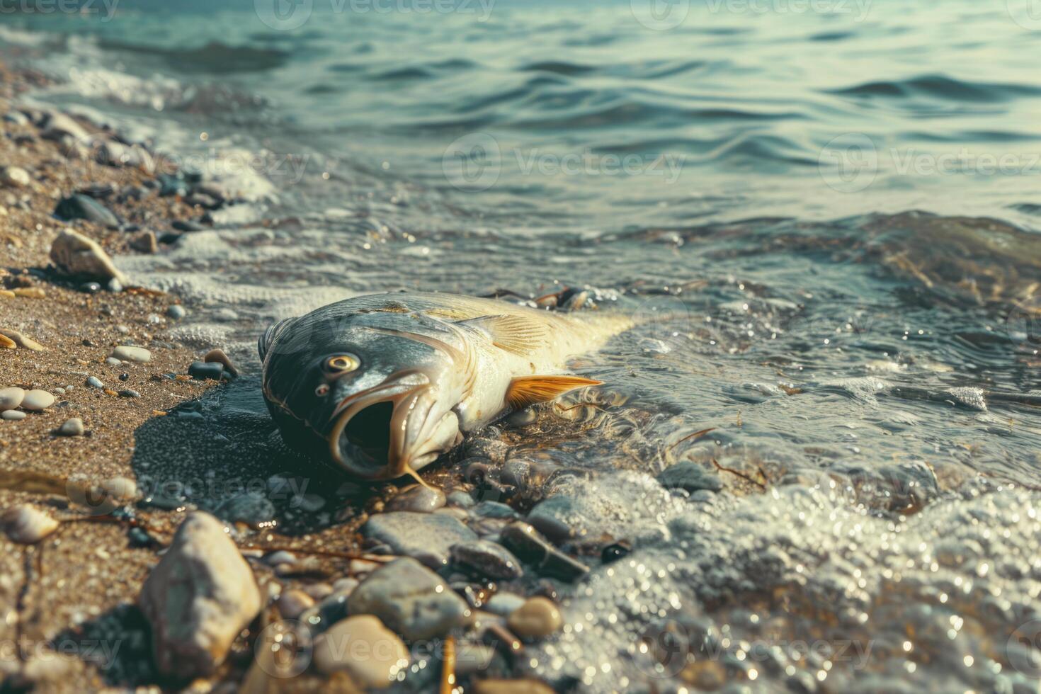 AI generated environmental impact industrial activity, Oil wastewater is spilling on beach, dead fishes on shore photo