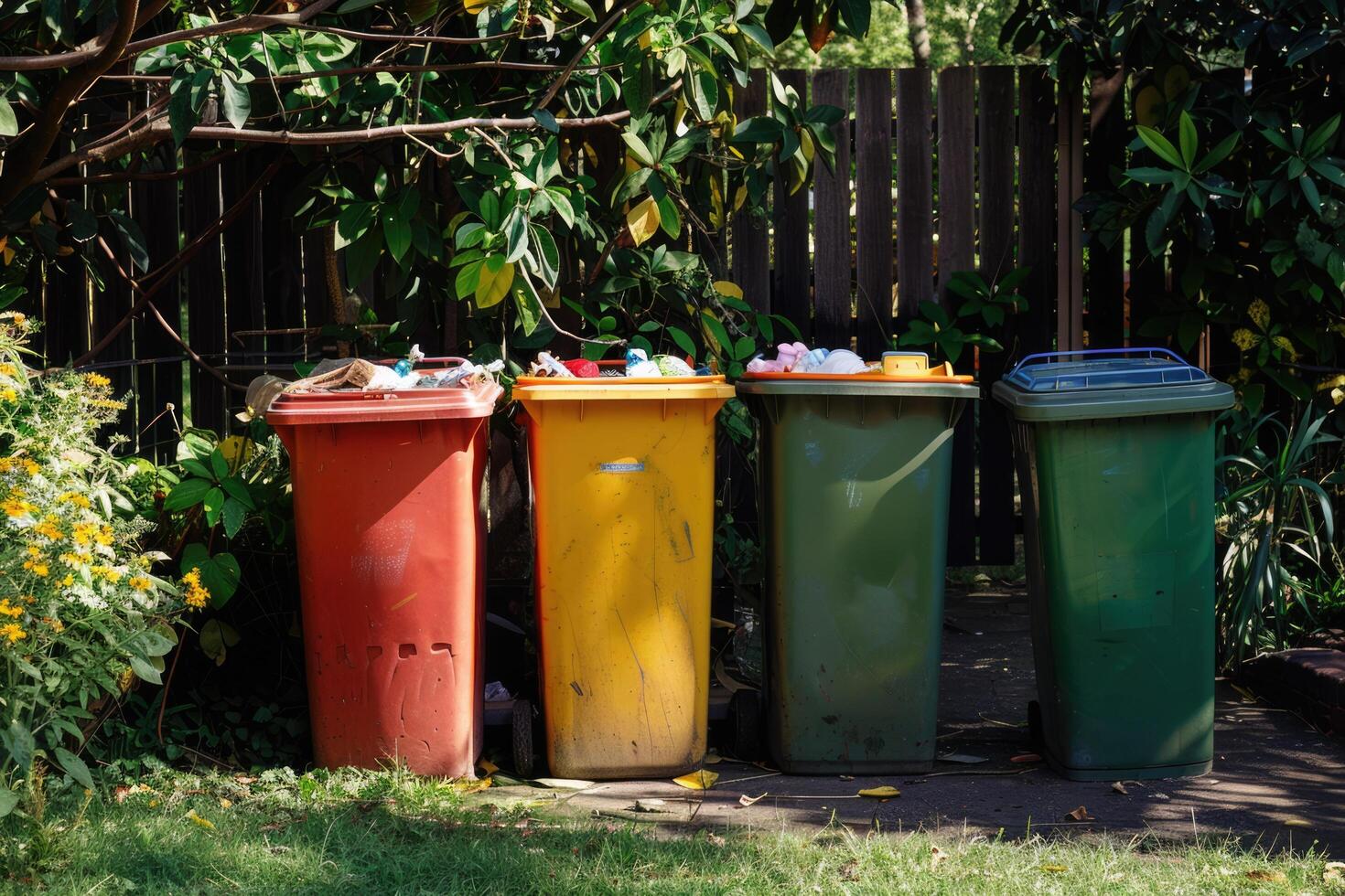 AI generated Waste sorting garbage bins, trash cans. Sorting garbage. ecology rubbish recycling photo