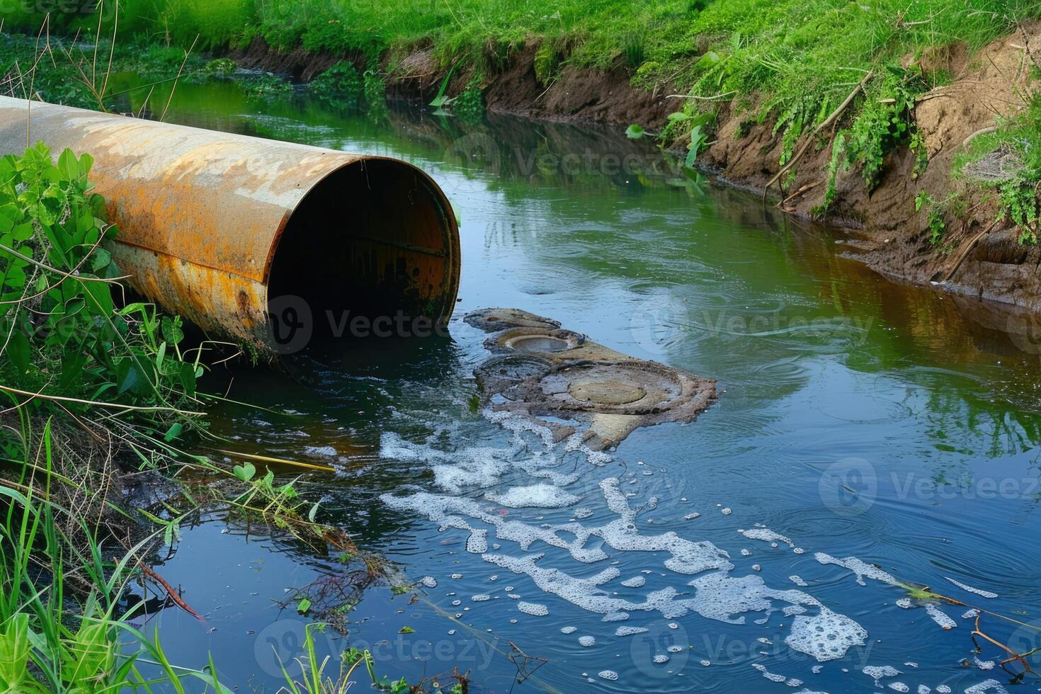 ai generado agua contaminación, ambiente contaminación. contaminado agua, sucio aguas residuales fluye desde tubo foto