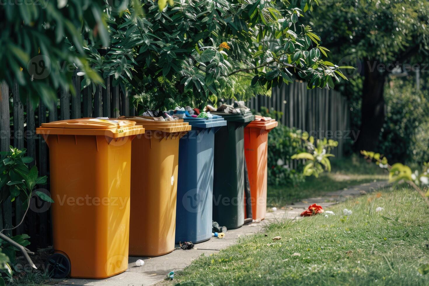 AI generated Waste sorting garbage bins, trash cans. Sorting garbage. ecology rubbish recycling photo