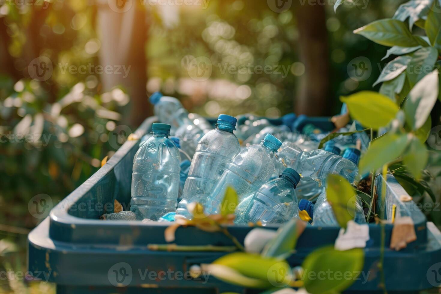 AI generated recyclable plastic bottles in garbage bin environment. Waste separation. Sorting garbage photo