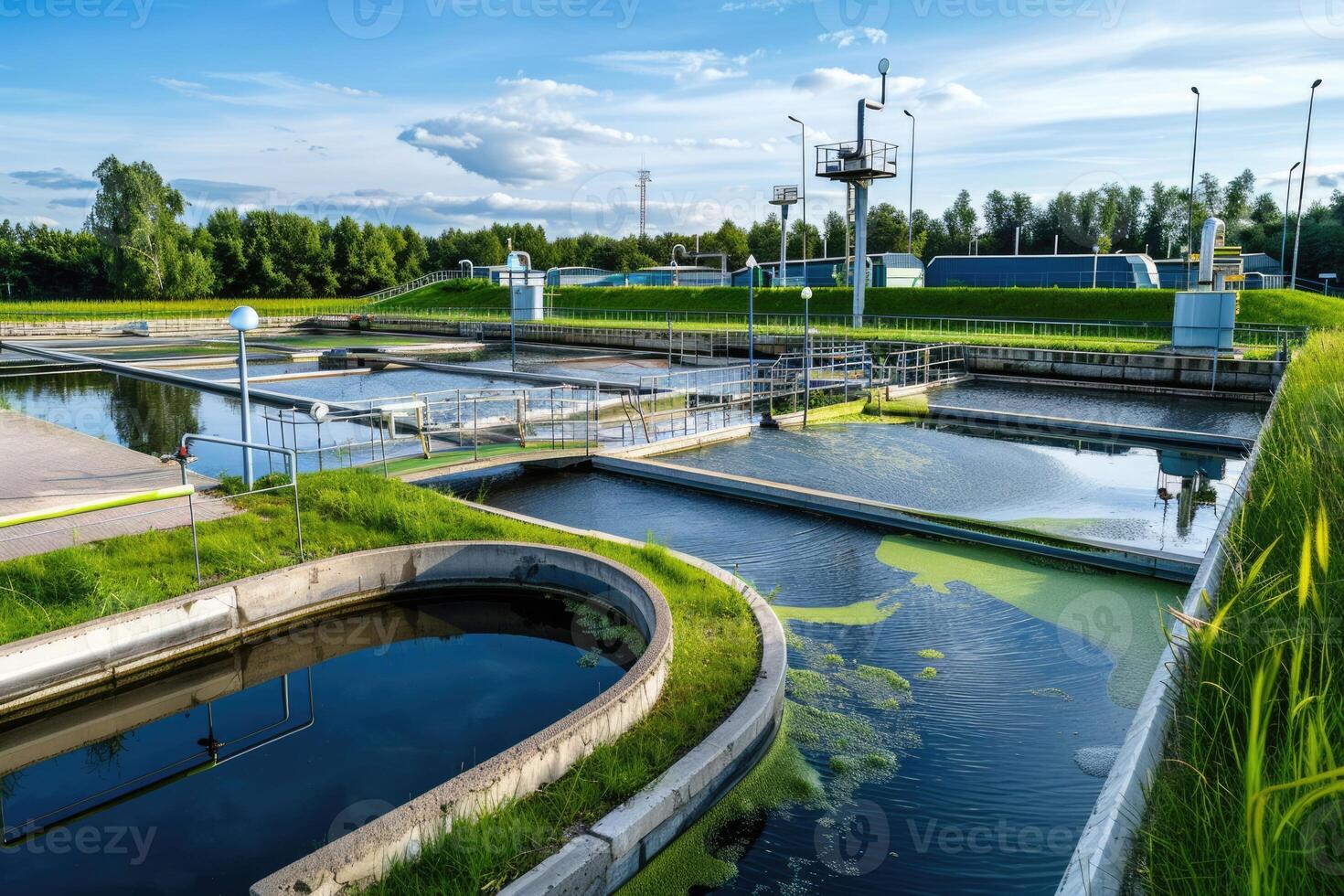 AI generated water treatment plant, Treatment facilities. Recycling. Waste processing water treatment plant photo