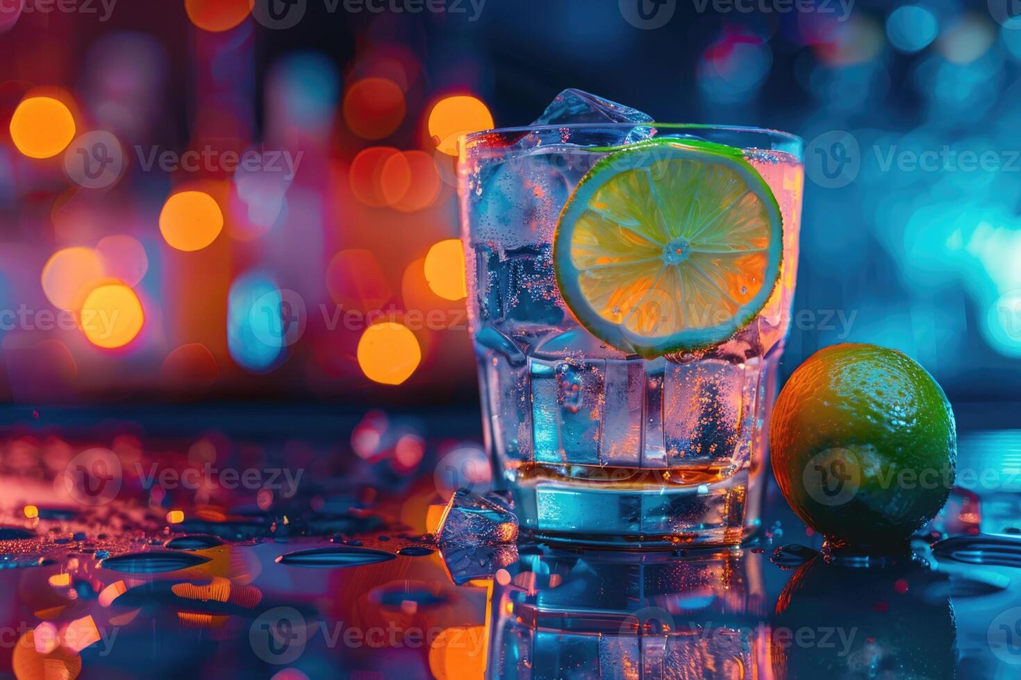 AI generated Cocktail with lime and ice in a glass. bar counter, party night, vivid bar lights. space for text photo