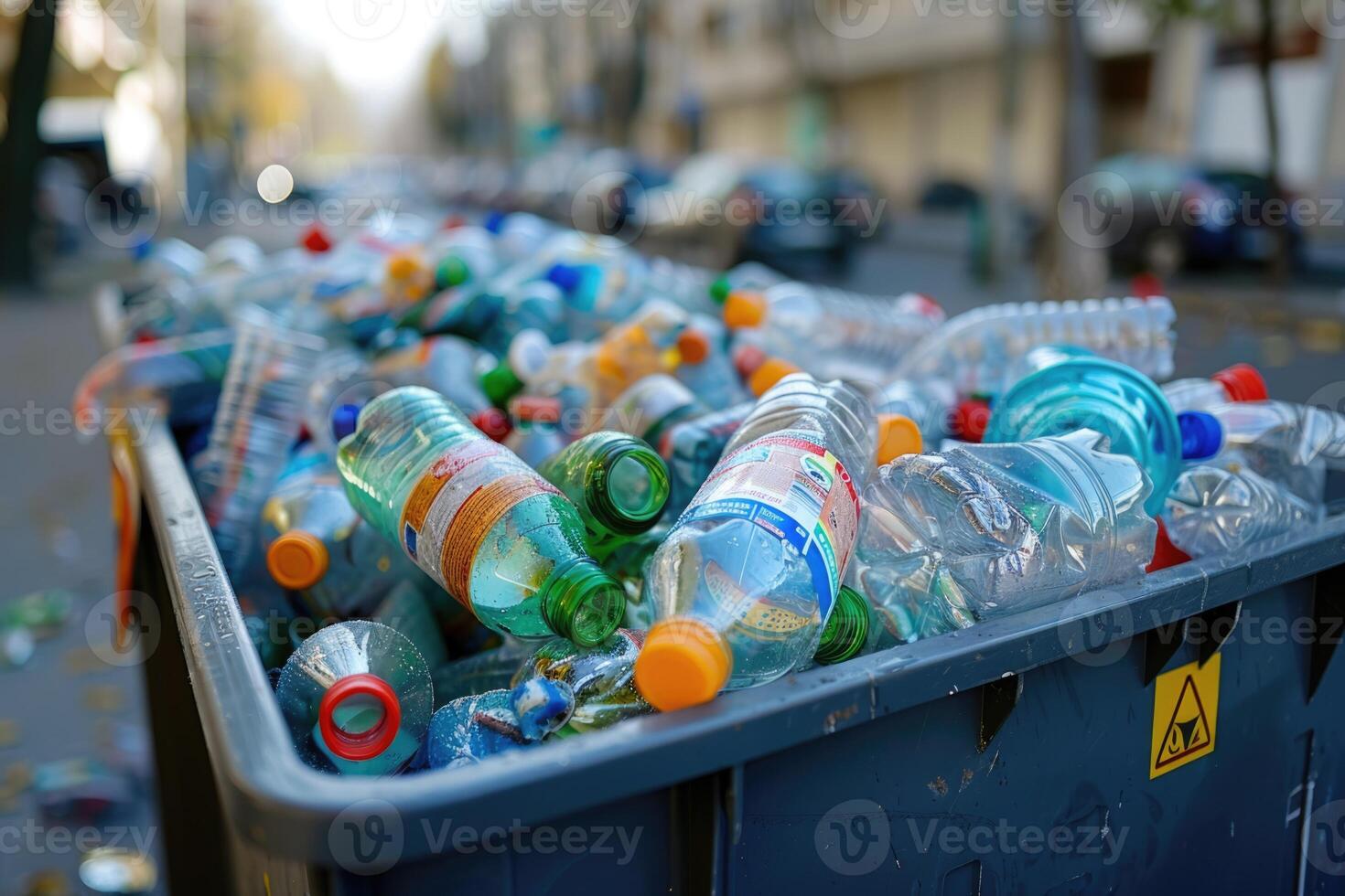 AI generated recyclable plastic bottles in garbage bin environment. Waste separation. Sorting garbage photo
