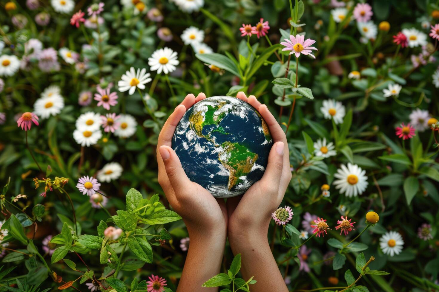 AI generated close up Hands holding earth globe, leaves and flowers on background, space for text, earth day photo