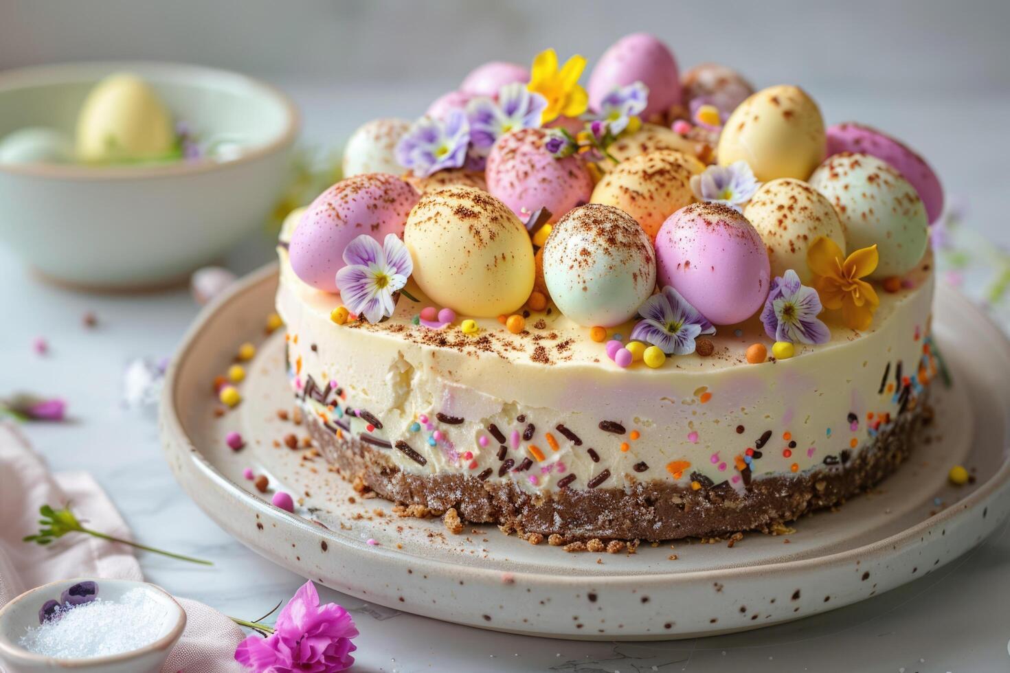 ai generado Pascua de Resurrección huevo tarta de queso festivo Pascua de Resurrección postre, mini huevos, primavera flores, espacio para texto foto