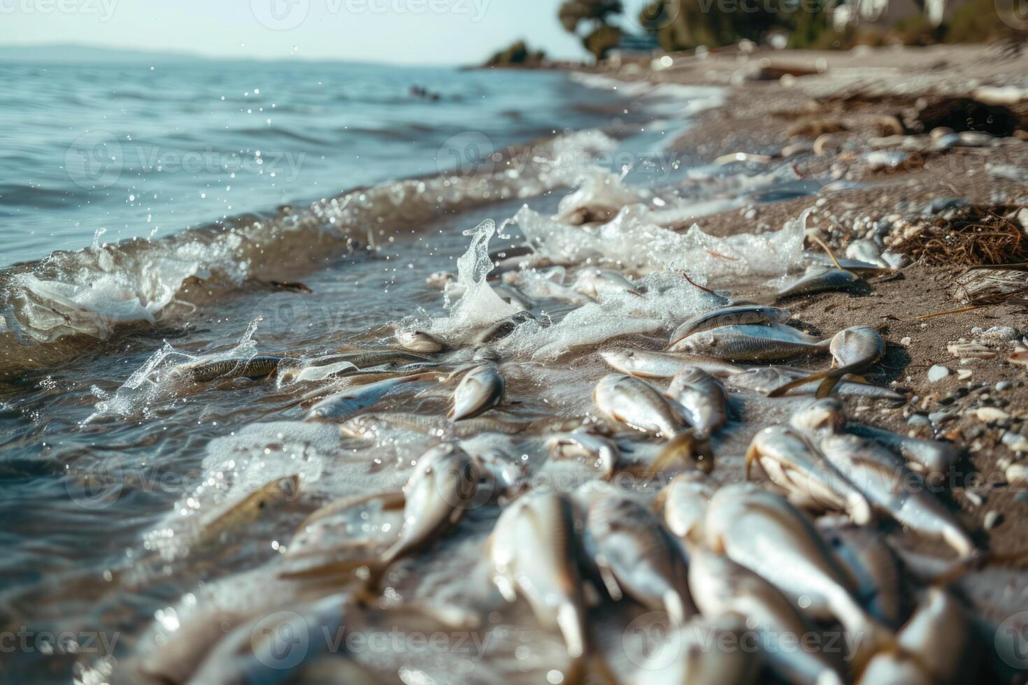 ai generado ambiental impacto industrial actividad, petróleo aguas residuales es derramar en playa, muerto peces en apuntalar foto