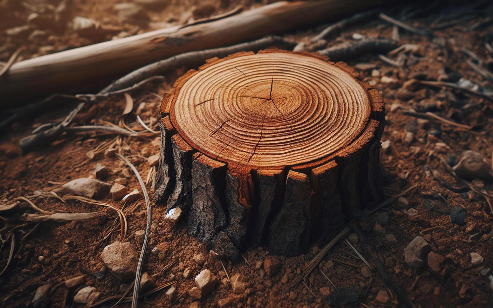 AI generated Stump The tree has been cut down, leaving just the stump. Destructive forest background. Cutting down trees. Deforestation. photo