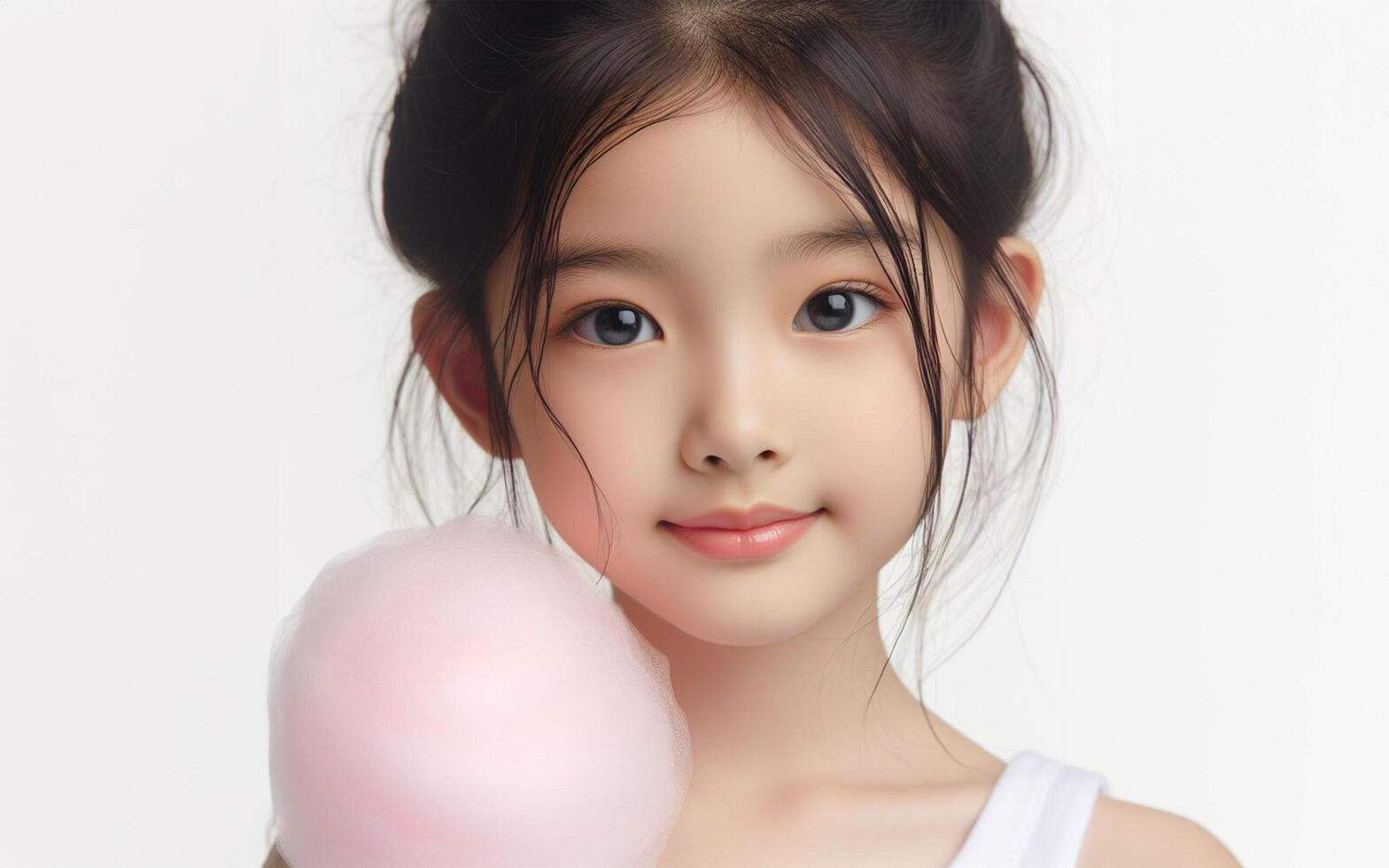 AI generated girl holding cotton candy Smiling face, white background photo